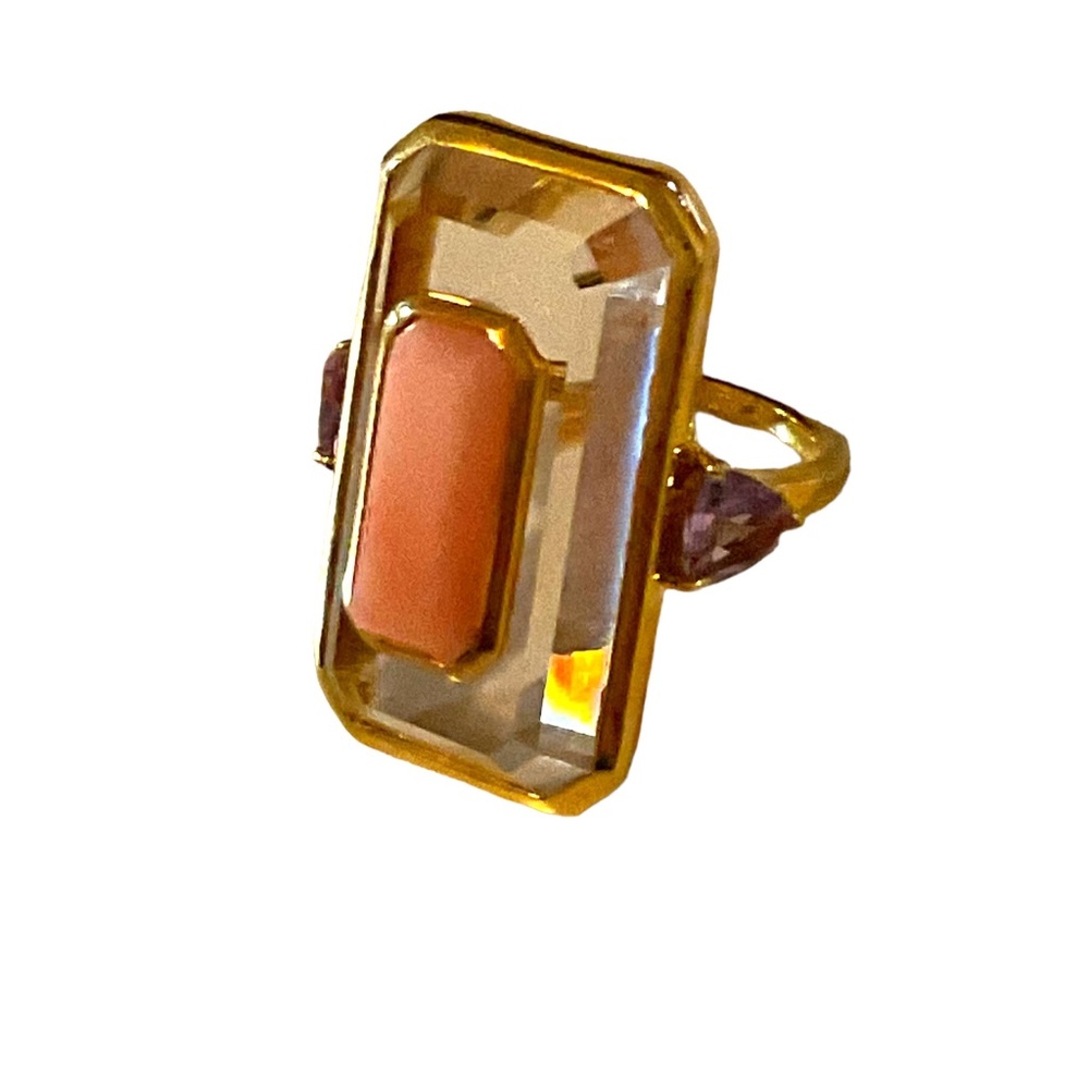 HSN Genuine Pink opal, Amethyst, and Clear Quartz Ring Size 6 3/4